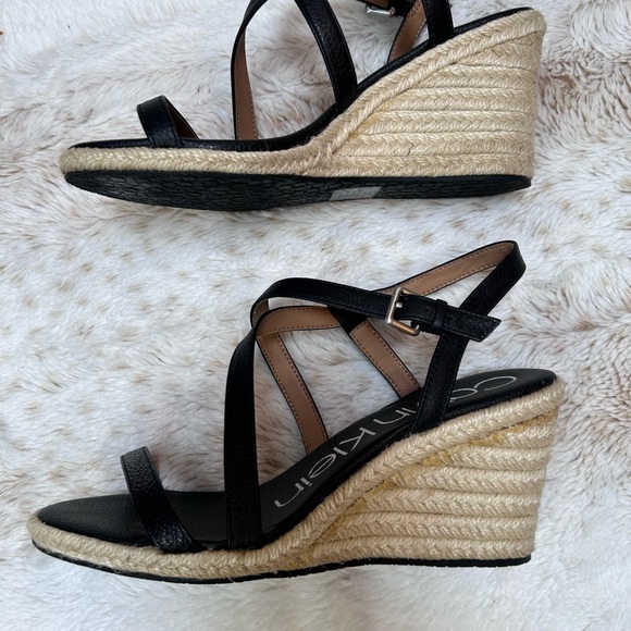 Calvin Klein Black Espadrille Wedge Sandals Bellemine Pebble Grain - Picture 3 of 10